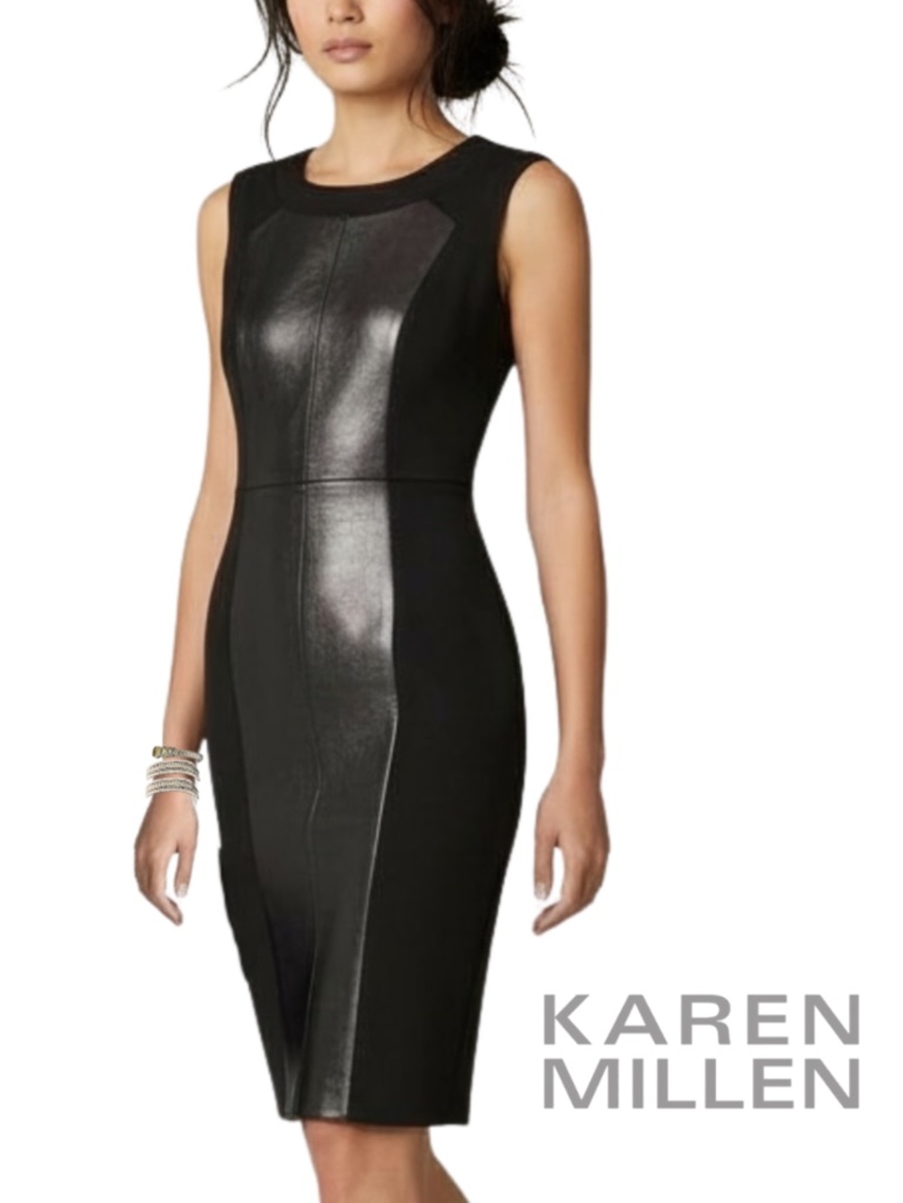 KAREN MILLEN Metallic Faux-Leather Panel Sleeveless Shift Dress